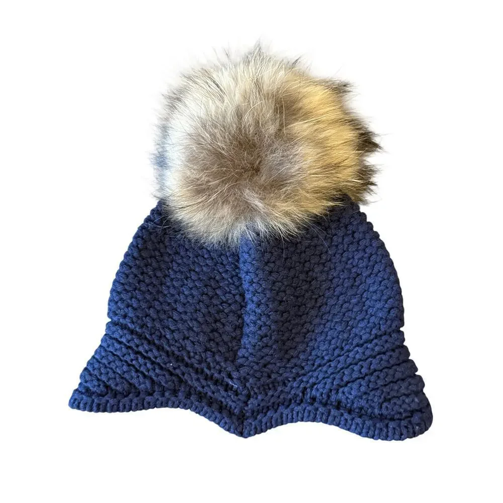 MONCLER Navy Knit Beanie Hat Cap Fur Pom Pom Youth Kids size Small S Ski Snow